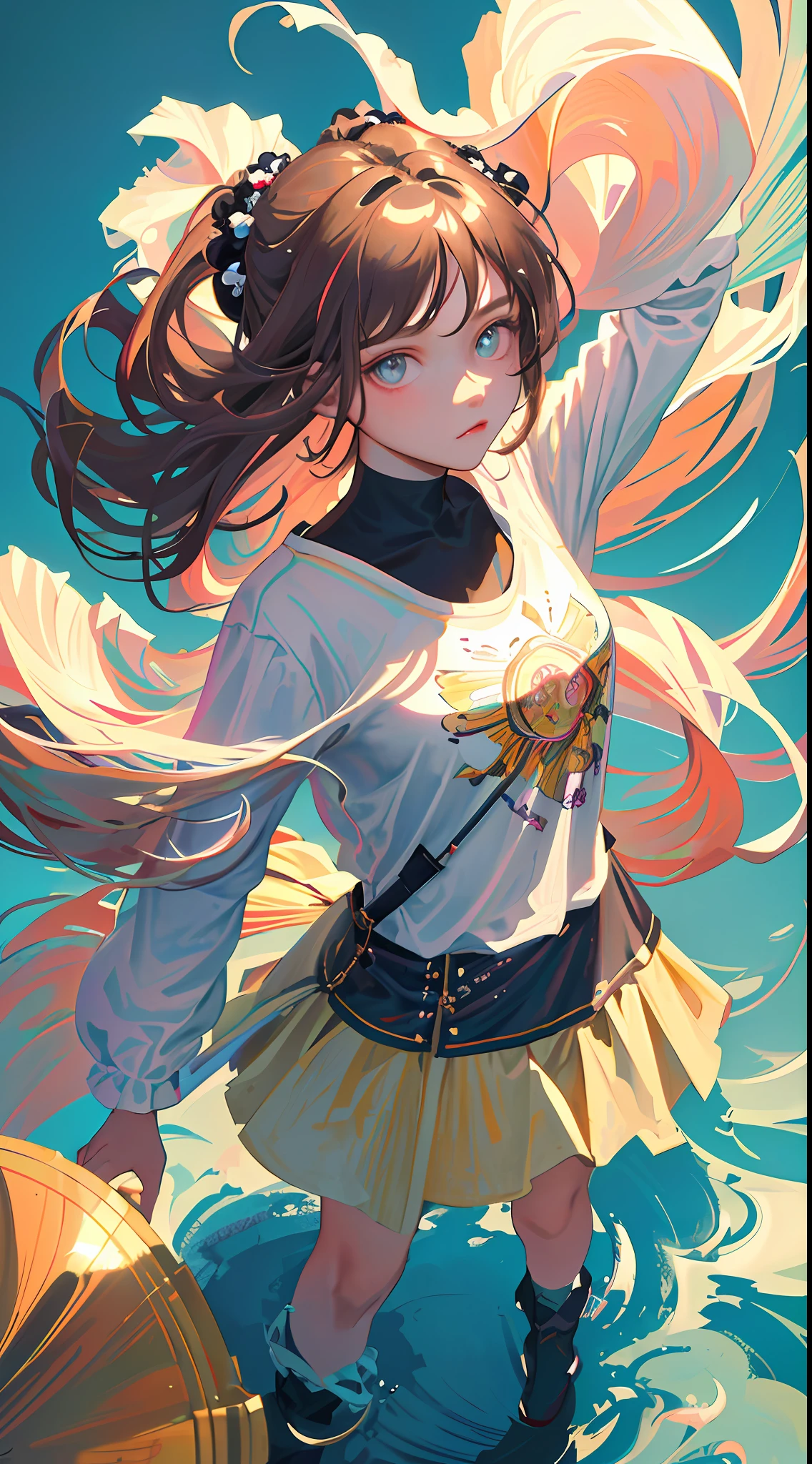 (Masterpiece), (Best quality), (Ultra detailed),(Disheveled hair),(illustration), (1girll), (Fashionable clothing), standing,Fashion model,view the viewer, (interview), (Simple background),beatiful detailed eyes,Delicate beautiful face,Floating,(High saturation),(Colorful splashes),colorful bubble,(Shining),focus onface,