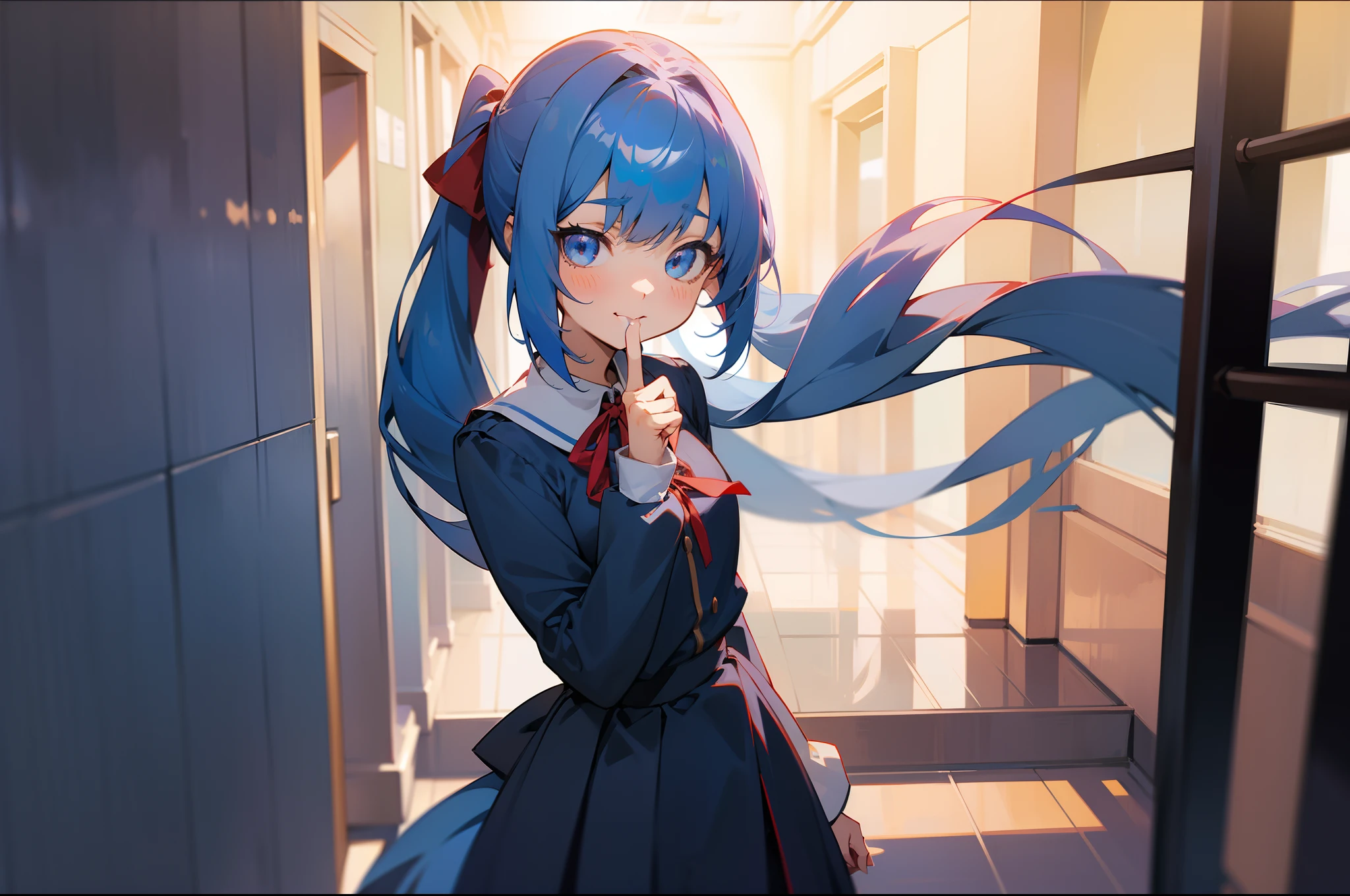 Schools、hallway、Standing Girl、Anime girl laughing facing this side((put index finger on mouth,))、20yr old、Upper body, mid-shot,(front facing)、 femele, Detailed eyes, Semi-long hair, Blue hair,(poneyTail)、 Bangs,Dark blue uniform、Red ribbons、pleatedskirt、Long sleeves,、frontage、