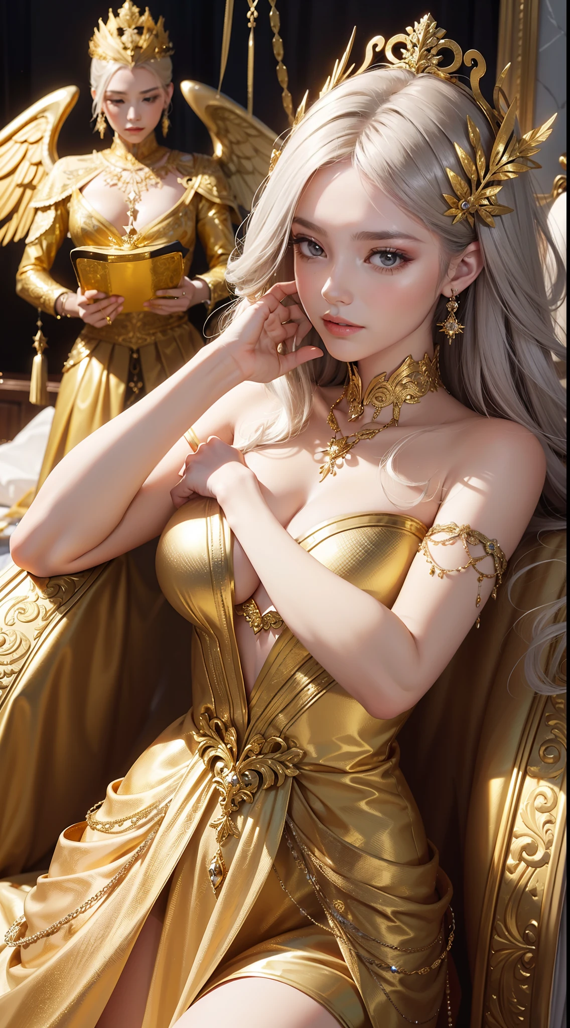 A woman in a golden dress,Baroque Valkyrie,Dreamy realism,glittery,Clothes made of gold and silver threads,Baroque court style