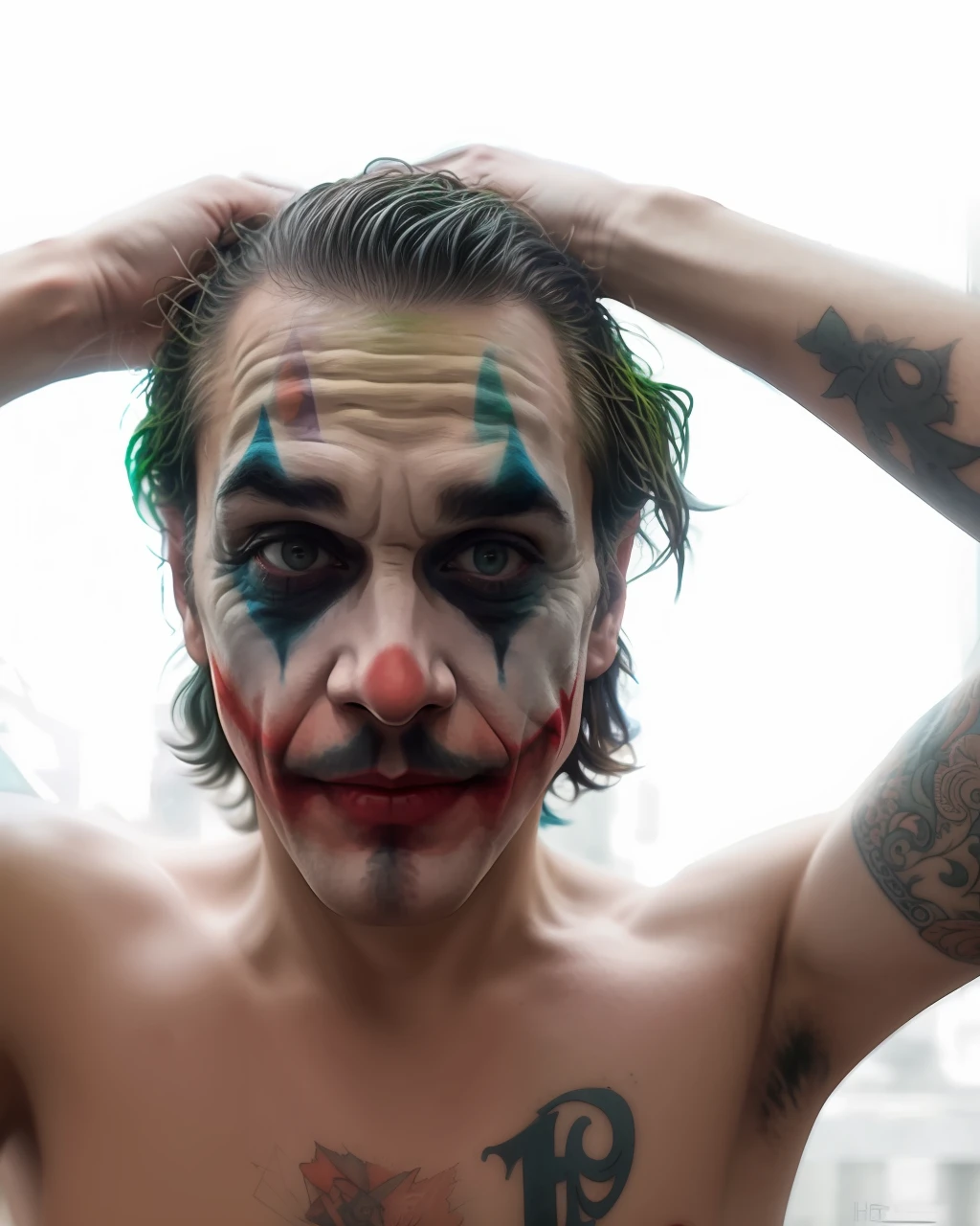 A Joker\(Joker 2019\) ,epic, realistic, faded, neutral colors, ((((hdr)))), ((((muted colors)))), intricate scene, artstation, hyperdetailed, cinematic shot, warm lights, dramatic light, intricate details, vignette, complex background, [[teal and orange]], slate gray atmosphere