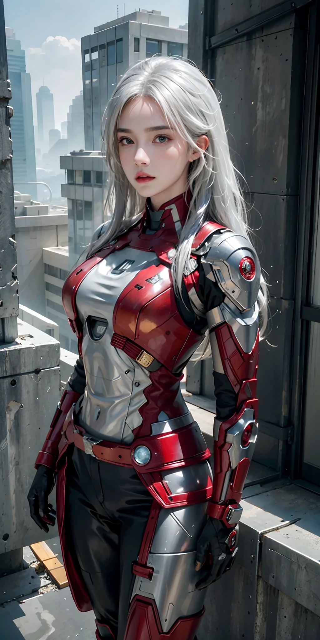 (1girl:1.3), solo,__body-parts__, official art, unity 8k wallpaper, ultra detailed, beautiful and aesthetic, beautiful, masterpiece, best quality, RAW, masterpiece, super fine photo,, best quality, super high Resolution, photorealistic, sunlight, full body portrait, stunningly beautiful,, dynamic pose, delicate , vibrant eyes, (side view), she is wearing a futuristic Iron Man mech, red and gold, Highly detailed abandoned warehouse background, detailed face, detailed complex busy background, messy, gorgeous, milky, high detailed skin, realistic skin details, visible pores, sharp focus, volumetric fog, 8k uhd, dslr camera, High quality, film grain, fair skin, photorealism, lomography, sprawling metropolis in a futuristic dystopia, view from below, translucent, detailed face, white hair, full iron armor