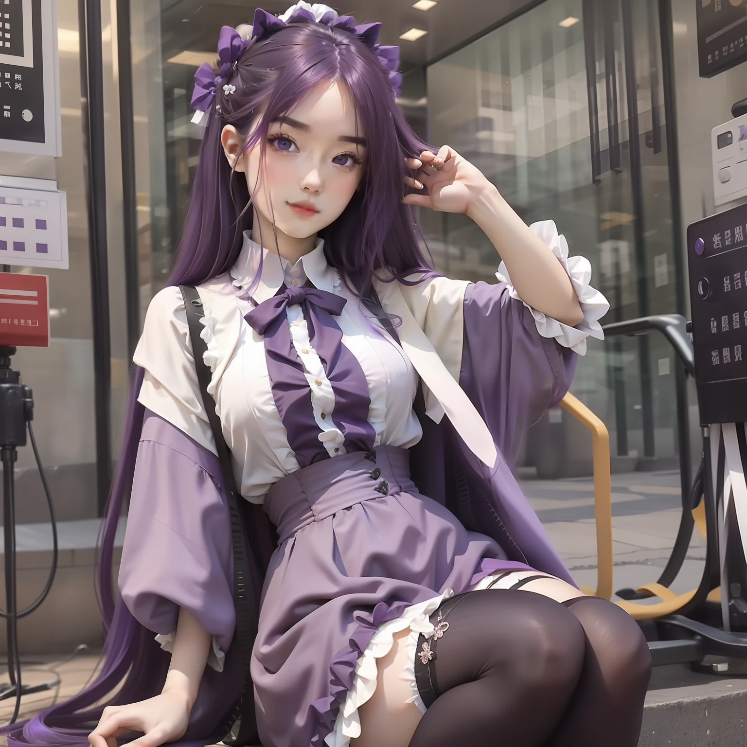 Masterpiece-level purple-haired character,Purple eye,Look up at the camera,Show the whole body,Delicate hair,with fair skin,Wearing purple period costume and stockings,long hair flowing。