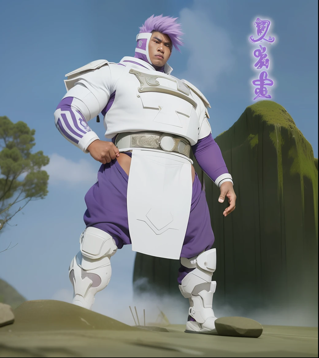 1 man, Jirobo, muscular build, realistic, with purple hair and dark skin, dressed in a ninja attire adorned with stone motifs and prominent shoulder pads, ultra-detailed.