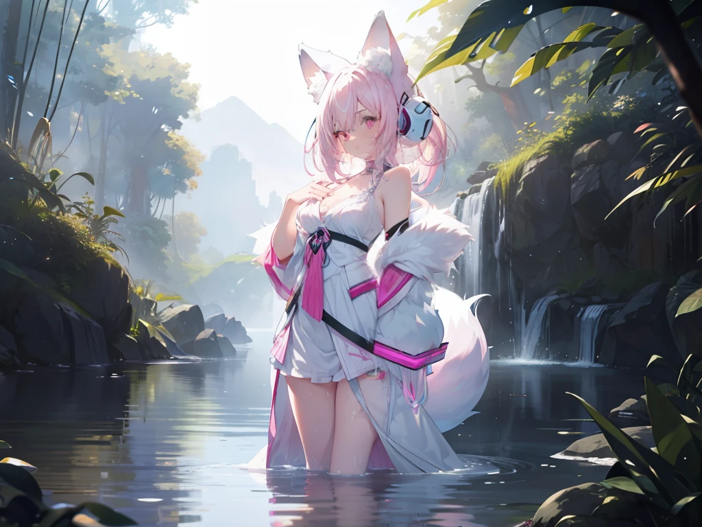 shaggy,White color hair, Pink front hair, nakeness, breasts visible, Blue pattern, pink glowing eyes, Bathe by the lake, standing in water, White fur, Fox girl, coda, is shy, ultra-realistic realism, waterface,tit,drippy,liquids,Rembrandt light,Contour light,8K, super detailing