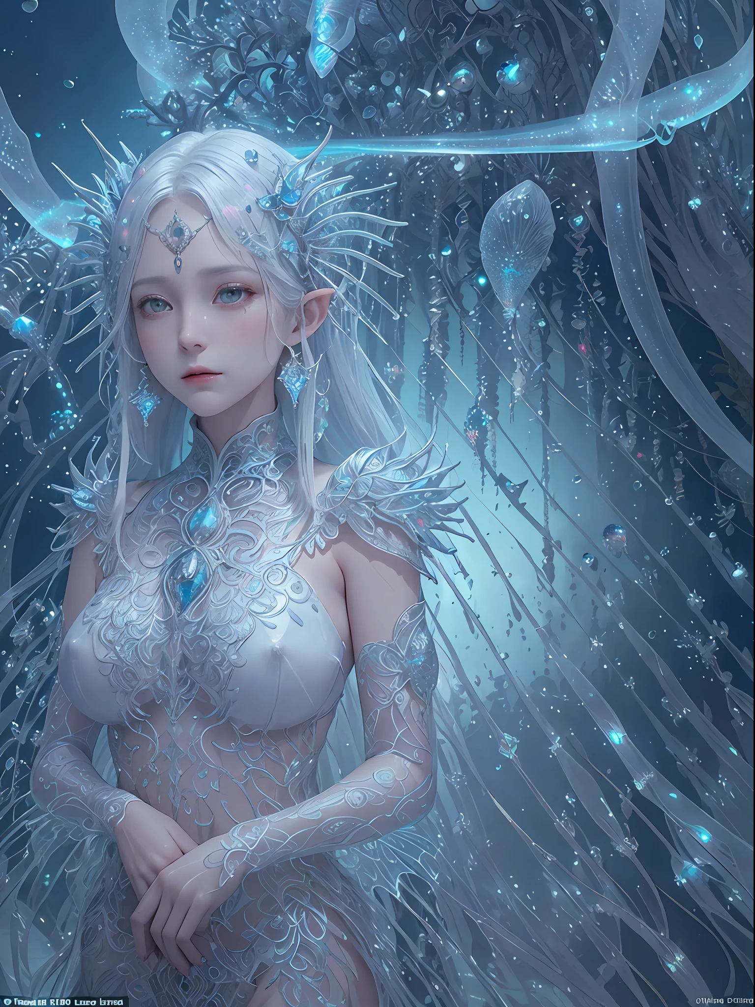 Ocean Forest, City, Fantastic Fantasy, Glowing Plants, Coral Viaduct, (Swarm of Glowing Jellyfish), (Shoal of Fish with Transparent Wings Flying in the Sky), Misty, Extreme Detail, Morning Light, Epic Composition, (Intricate Detail), (Intricate Design, Ultra Detail: 1.2),1girl, huge breast, hands on breast, breast focus