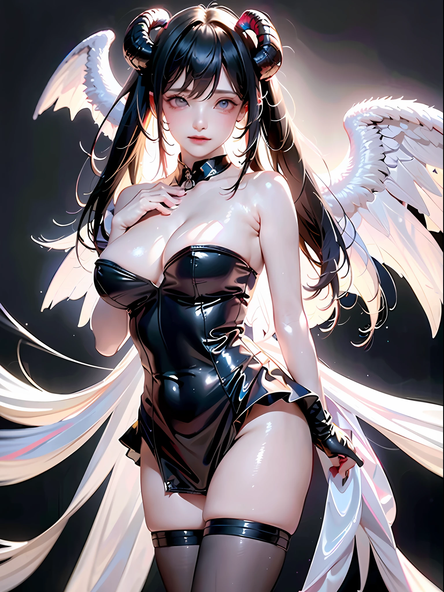 1girl, focus, solo, horns, long hair, albedo (overlord), wings, large breasts, hip vent, black wings, white gloves, gloves, looking at viewer, black hair, white dress, bare shoulders, hair between eyes, yellow eyes, feathered wings, demon horns, smile, feathers, demon girl, cleavage, slit detached collar, bangs, very long hair, closed mouth, black feathers, cowboy shot, covered navel, elbow gloves, white horns, standing, demon wings ,ultra high res, (photorealistic:1.4), raw photo,16K,dramatic lighting, hands on breast, breast focus