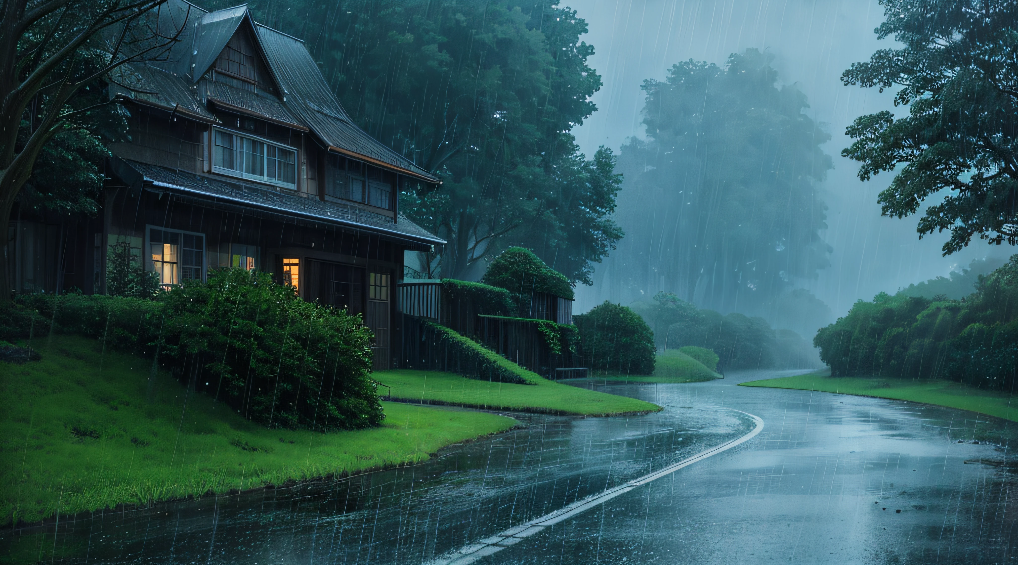 View of the rainy road in Alfeld,The background is a house, it is raining heavily, rainy and wet atmosphere, very heavy rain, Rainy environment, downpours, rain falling, rainy and gloomy atmosphere, rainy scene, day after raining, Rain falls, rainy background, rain. ultra - detailed, rainy wet, rainfall, Heavy rain is coming, Rainy weather, it is raining