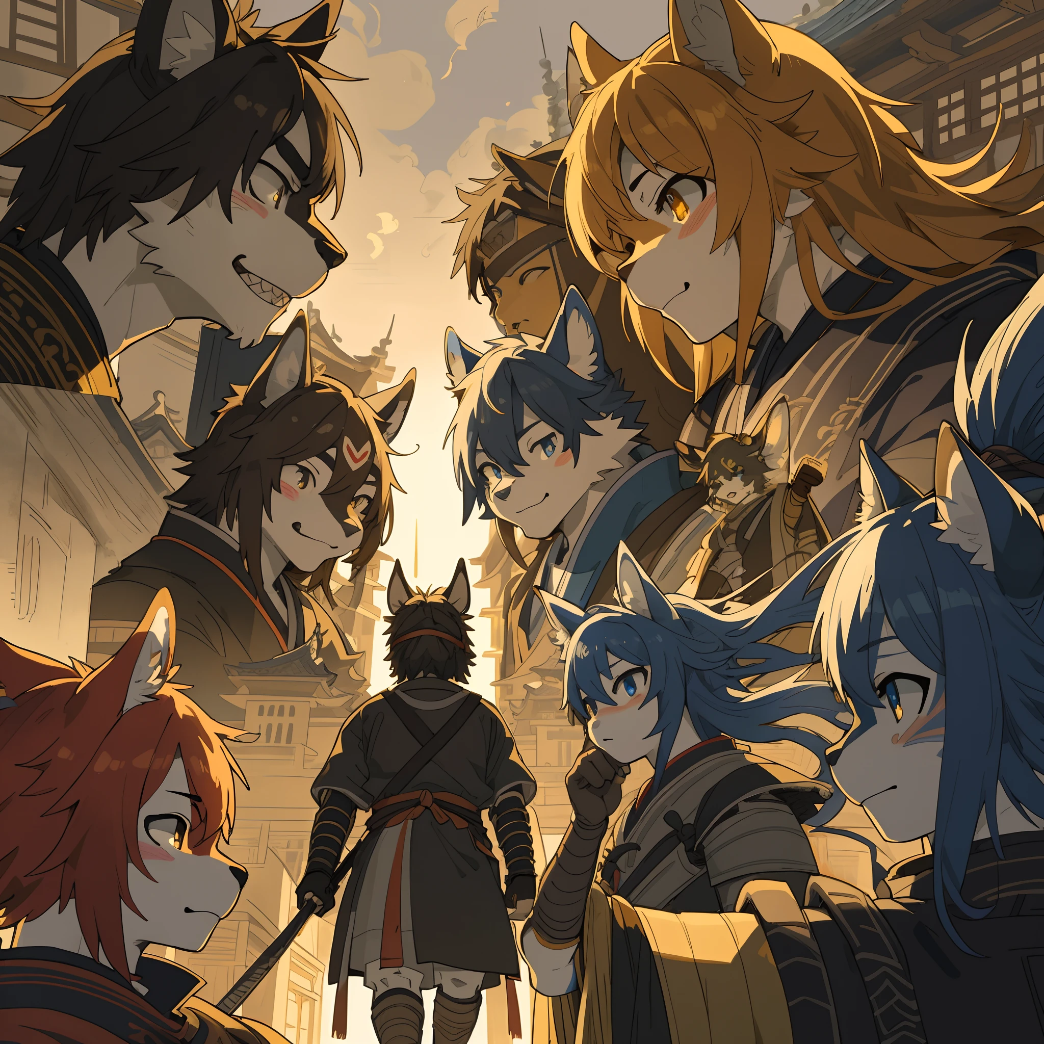 Fibonacci composition, top quality, best quality, High-quality illustrations, masterpiece, super high resolution, detailed background, japanese castle, samurais, 6+boys, 6+girls, absurdres(highly detailed beautiful face and eyes)perfect anatomy, expression, good lighting, cinematic shadow(kemono, furry anthro)assorted poses, dynamic angle,