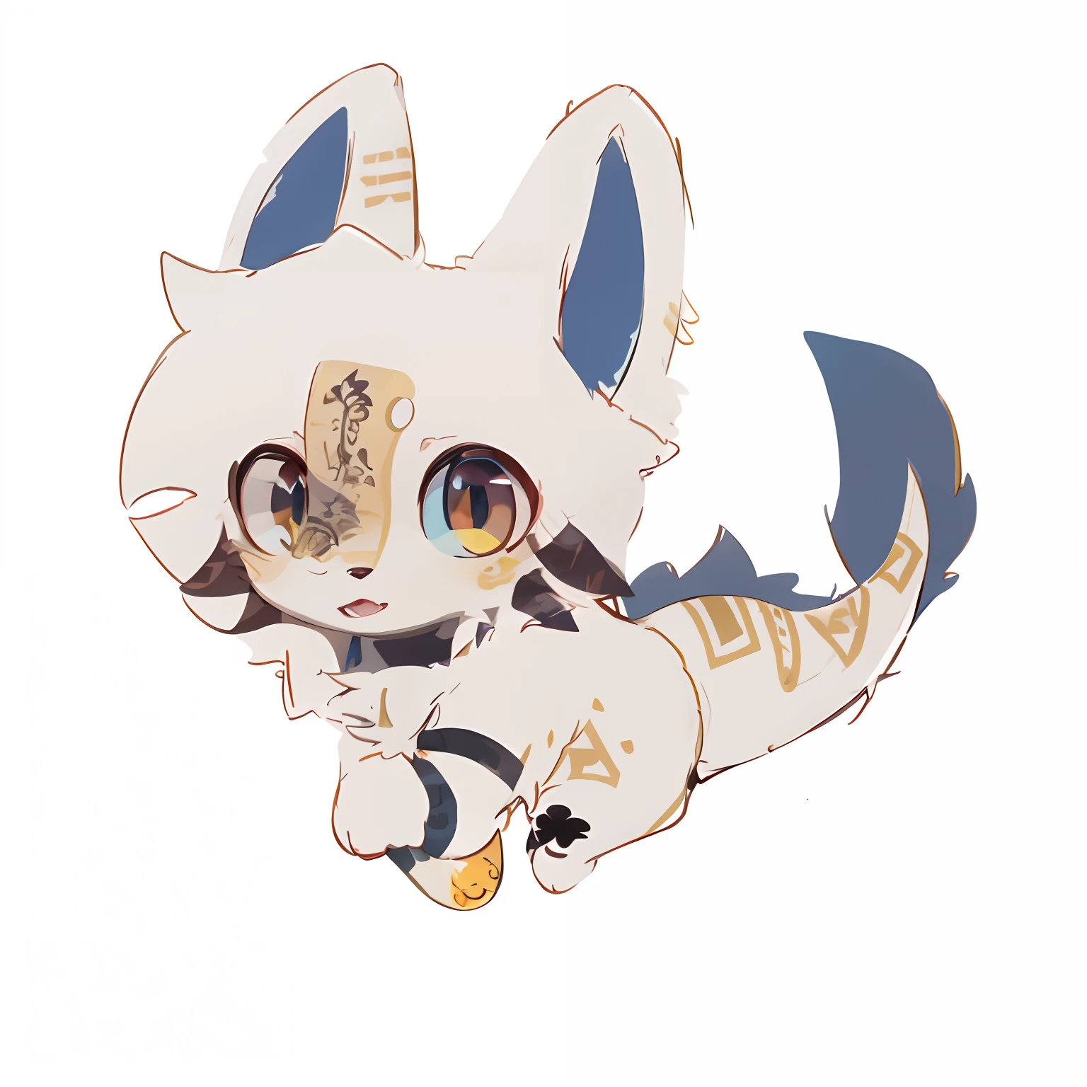 A white cartoon fox with yellow runes on its body, a blue tongue, a dragon's tail, yellow eyes, simple background