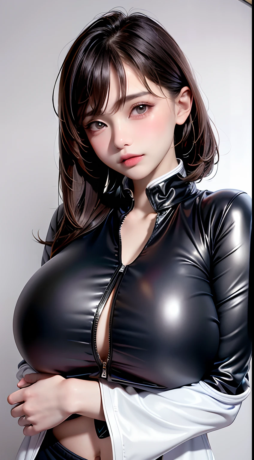 1girl, solo, brown eyes, parted lips, long sleeves, jacket, simple background, looking at viewer, teeth, jacket, lips, cosplay,huge breast, hands on breast, breast focus