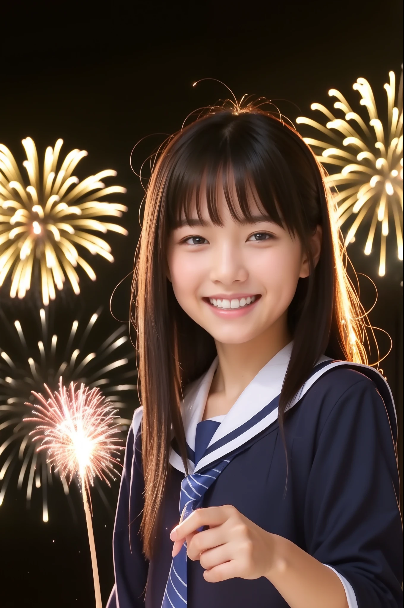 A smile、hi-school girl、While doing fireworks
