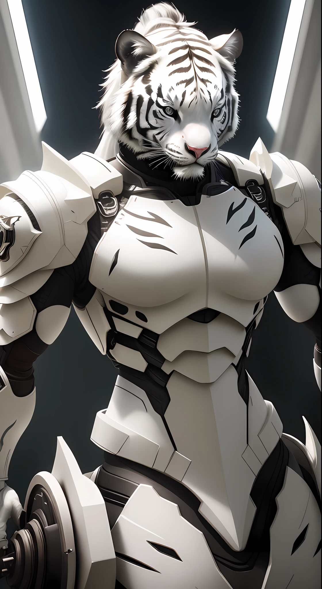 Hyper realistic, high quality, volumetric lighting, white tiger, exoskeleton armor, dramatic lighting, bloom, hdr, unreal engine 5, intricate details