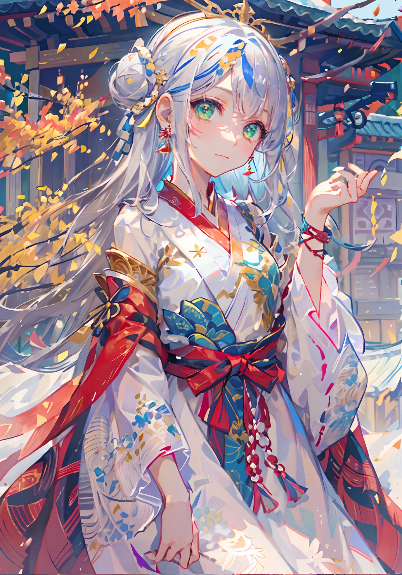 8k wallpaper, masterpiece,Cinematic Lighting, best quality,Illustration,dramatic angle, ((colorful:1.1)), ((colored inner hair:1.4)),solo
1girl, solo, white hair, long hair, hair bun, hanfu, green eyes, double bun, outdoors, looking at viewer, long sleeves, chinese clothes, blurry, bangs, blurry background, hand up, ribbon, wide sleeves, tree, standing, facial mark, closed mouth, robe, feet out of frame, jewelry, hair ornament, red ribbon, head tilt, earrings, sleeves past wrists, tassel, day