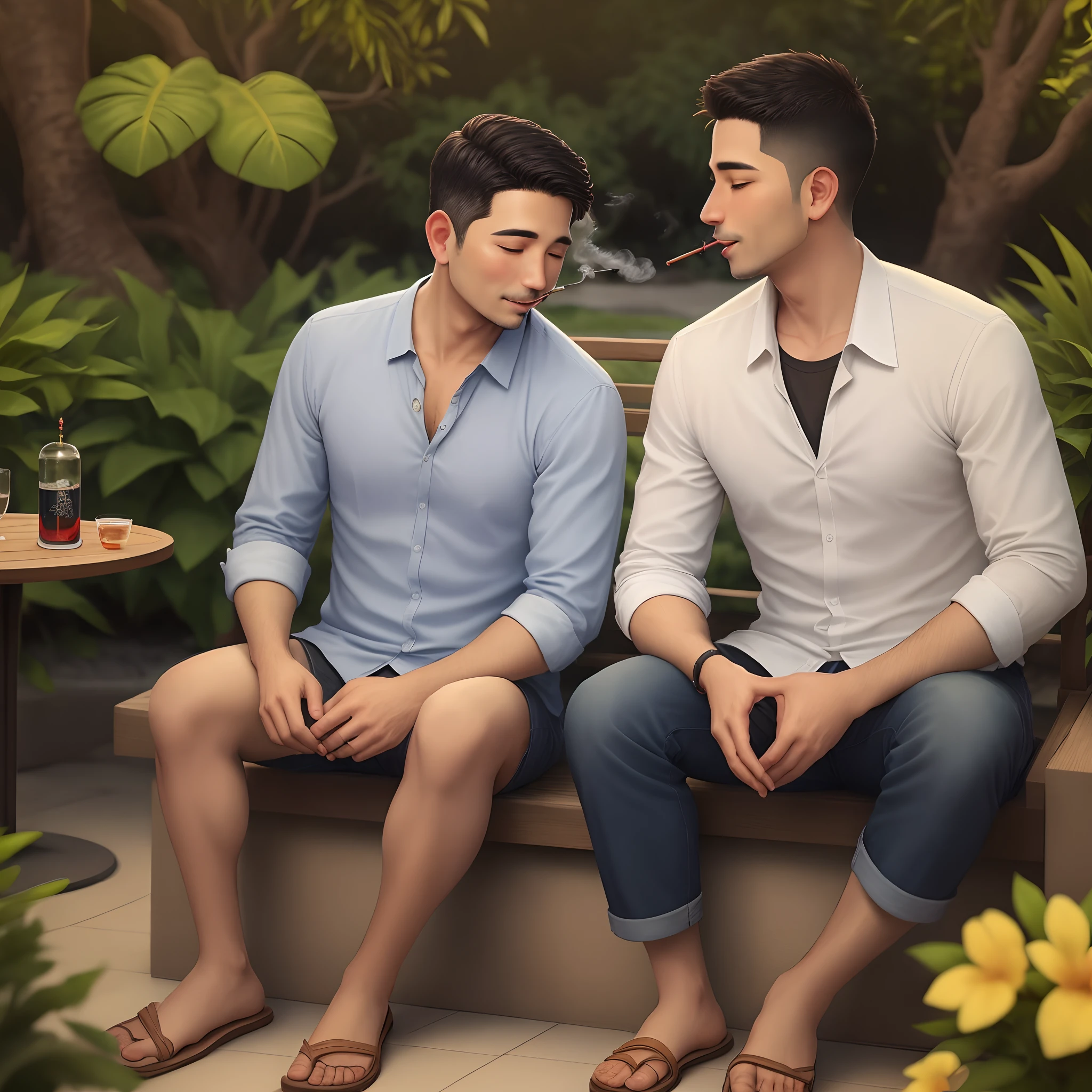 Um pai e seu filho sentaram-se juntos no jardim, sharing a quiet moment while smoking a hookah, exchanging stories and enjoying each other's company