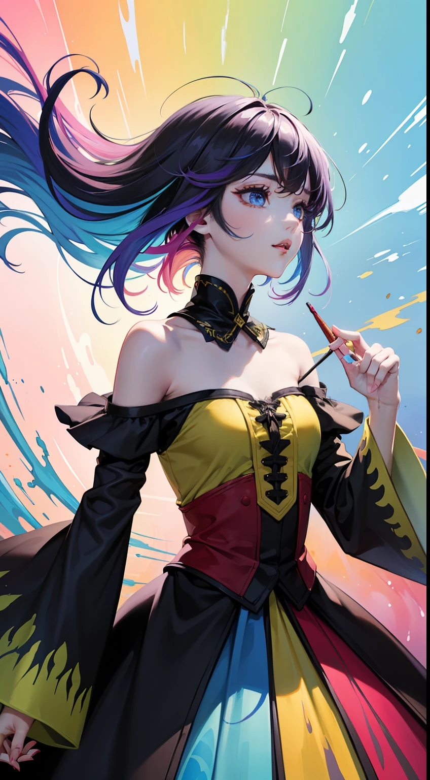 (Colorful Hair: 1.8), (Rainbow Color Explosion: 2.8), Color Art, (solo: 1.9) (All Colors of Rainbow: 2.8), (Rainbow Ink: 2.6), (Rainbow Ink Splash: 2.6), (Upper Body: 2), White Off Shoulder Shirt, Sexy, (close-up: 1.8), Looking at the audience, with watery eyes, (Rainbow Hair: 1.6), Color Splash, Solo, (Color Splash: 1.8) (Color explosion: 2.1), messy lines, beauty and aesthetics, (Datura: 1.6), ((sparkling)), (colorful), (color), the most beautiful chaotic form, elegance, fauvism design, vivid colors, romanticism, atmosphere, ecstasy of notes, (fractal art: 1.8), (colorful), color, (splash) (splash), vertical painting, upper body, paint splash, Acrylic paint, gradient, paint, highest image quality, highest quality, masterpiece, solo, depth of field, facial painting, colorful clothes, (elegant: 1.2), gorgeous, long hair, wind, (elegant: 1.3), (fauvism: 1.4), ((masterpiece)), (best quality), (super detail), (illustration), (dynamic angle), (floating), (painting), (colored hair), (striped hair), Beautiful and delicate eyes, (gradient eyes), (colored eyes), (colored background),
多彩style-paintmagic 美女现实ulzzang-6500-v1.1 魔幻style-sylvamagic