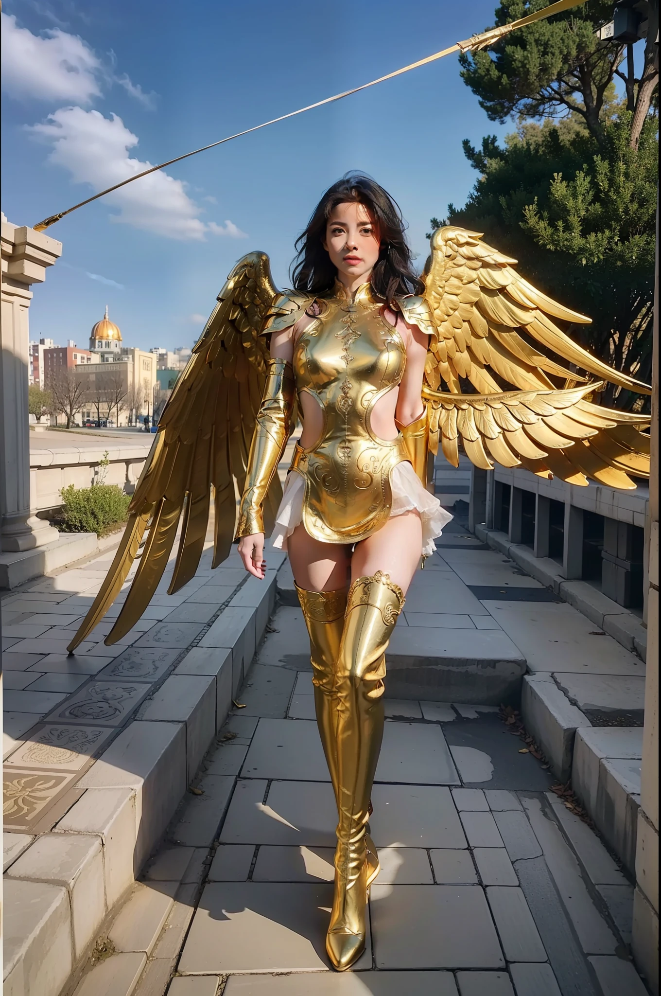 The best woman in the Golden Zodiac(8K,best qualtiy,tmasterpiece:1,2),(realisticlying,photo-realistic:1,37),top Quority,tmasterpiece,A pair of golden wings on the back
