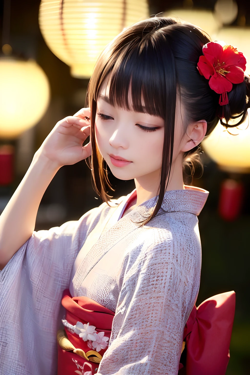 Upper body from the waist up、Are sleeping、nap、（Sleeping with your eyes closed）、(４In K、​masterpiece、hight resolution、Realistic and beautiful light and shadow、One girl、Solo Focus、(top-quality)、(Hi-Res)、(extremely delicate and beautiful)、(Beautiful 8k face)、(Brown-eyed)、(I close my eyes while smiling.)、(独奏)、(Clear skin)、(Soft hair)、(hugetits)、(Plaid kimono, Red and blue floral yukata)、((Awa Odori Pose))、((Bokeh lantern light night background))、((speedo))、(reality)、thin and small nose、（red lipsticks）、（Reddening cheeks）、poneyTail、（Lustrous skin）、((Ukiyo-e style))、Ultra-thin eyebrows、Ultra high image quality、（Wearing maiko-style makeup）、skin whitening、long and beautiful lashes、Turning around in the style of a Kyoto magazine model、((s asleep))、Lustrous skin、（Red-dyed cheeks）