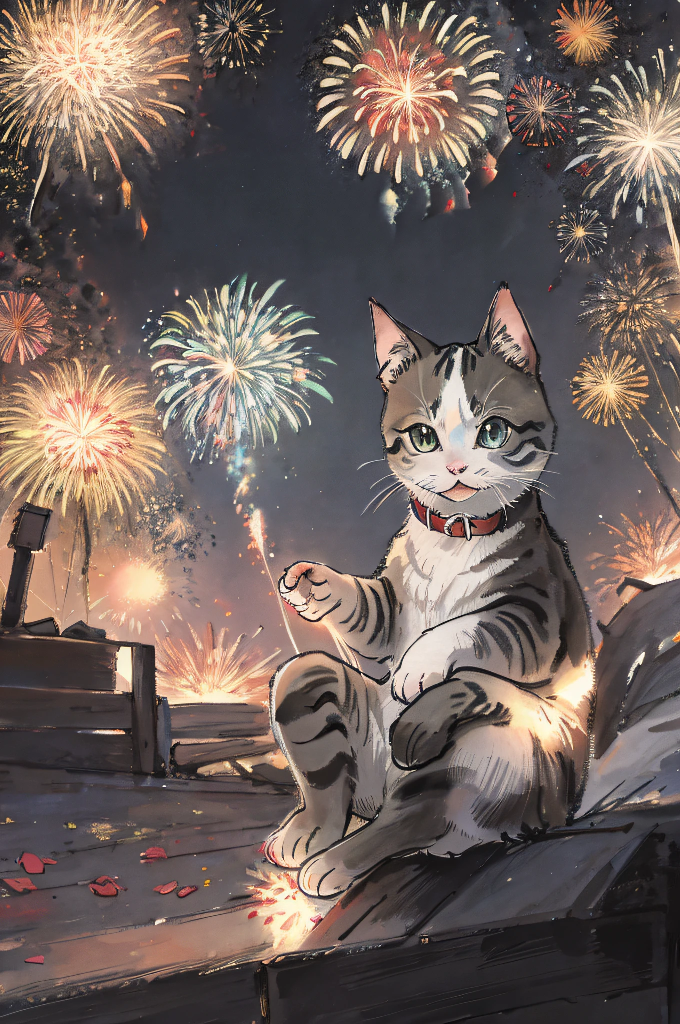 Fireworks in the background、1 kitten