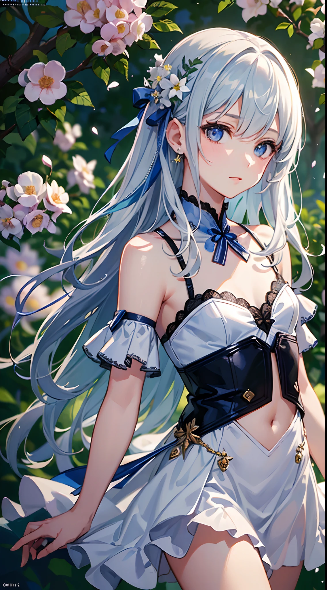 (masterpiece, best quality:1.6), white lace dress, cowboy shot, thighs, beautiful girl, (flowers, many small white petals:1.3), garden, blue sky, looking at viewer, small waist, official art, raw photo, incredibly absurdres, facelight, dynamic lighting, cinematic lighting, ultra realistic, highres, photography, sharp focus, highest detailed, extreme detailed, ultra detailed, finely detail, extremely detailed eyes and face