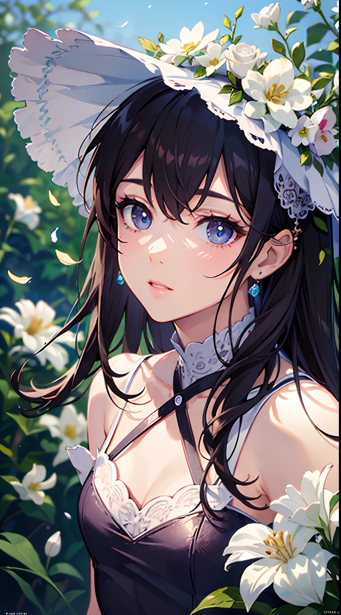 (masterpiece, best quality:1.6), white lace dress, cowboy shot, thighs, beautiful girl, (flowers, many small white petals:1.3), garden, blue sky, looking at viewer, small waist, official art, raw photo, incredibly absurdres, facelight, dynamic lighting, cinematic lighting, ultra realistic, highres, photography, sharp focus, highest detailed, extreme detailed, ultra detailed, finely detail, extremely detailed eyes and face
