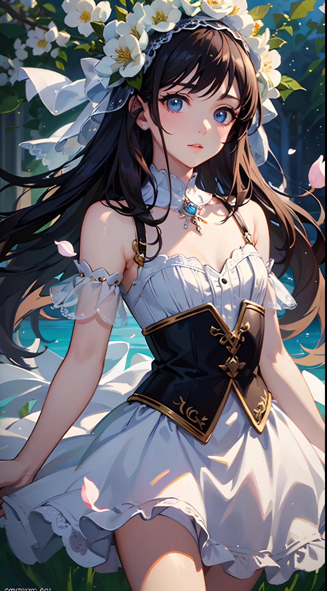 (masterpiece, best quality:1.6), white lace dress, cowboy shot, thighs, beautiful girl, (flowers, many small white petals:1.3), garden, blue sky, looking at viewer, small waist, official art, raw photo, incredibly absurdres, facelight, dynamic lighting, cinematic lighting, ultra realistic, highres, photography, sharp focus, highest detailed, extreme detailed, ultra detailed, finely detail, extremely detailed eyes and face