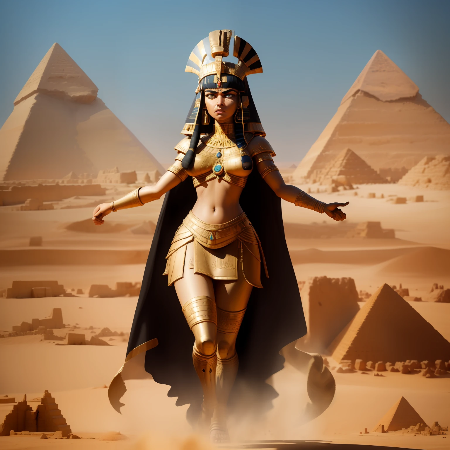 Wide angle of full body of very angry Cleopatra in the desert of ancient Egypt shutting loudly, emitting an alluring and magical aura, high quality, high detailed faces." High detailed faces, the triple pyramids in background