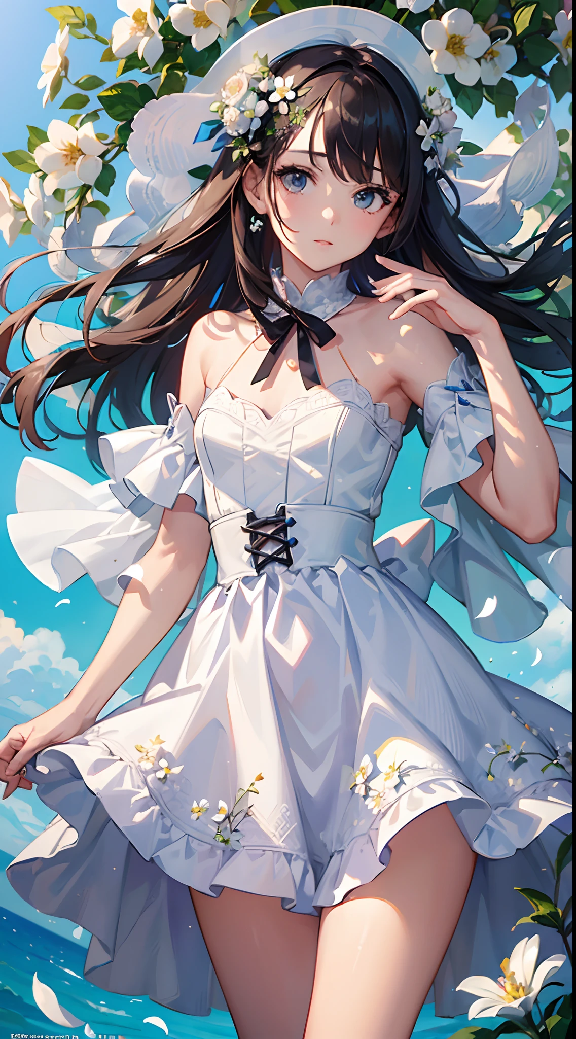 (masterpiece, best quality:1.6), white lace dress, cowboy shot, thighs, beautiful girl, (flowers, many small white petals:1.3), garden, blue sky, looking at viewer, small waist, official art, raw photo, incredibly absurdres, facelight, dynamic lighting, cinematic lighting, ultra realistic, highres, photography, sharp focus, highest detailed, extreme detailed, ultra detailed, finely detail, extremely detailed eyes and face