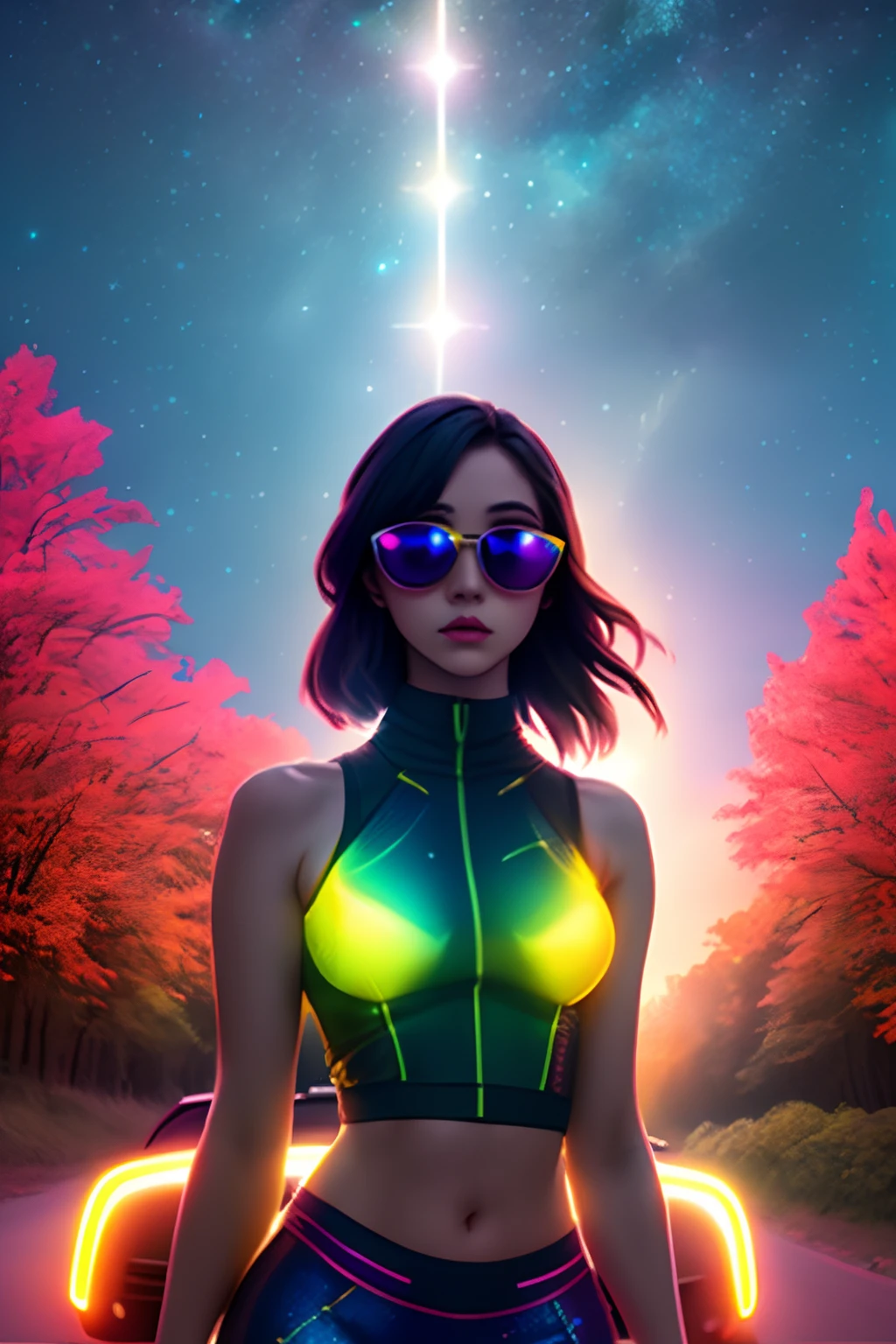 rgb, from_above, crop top, detailed face, yellow bodycon tank top, hair, park, sky, trees, pale skin, moonlight, stars, 1girl, statement sunglasses, woman,petite, vivid colors, bokeh background, subject for emphasis,dramatic colors,