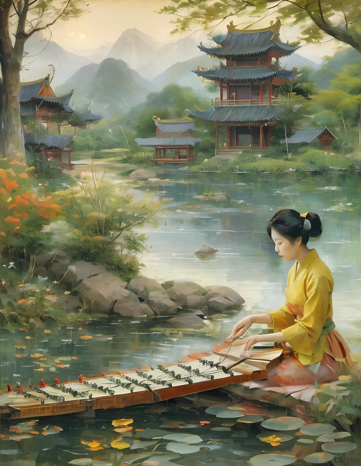 beautiful Asian landscape with a pagode at Lakeside and a beautiful woman playing zither in it