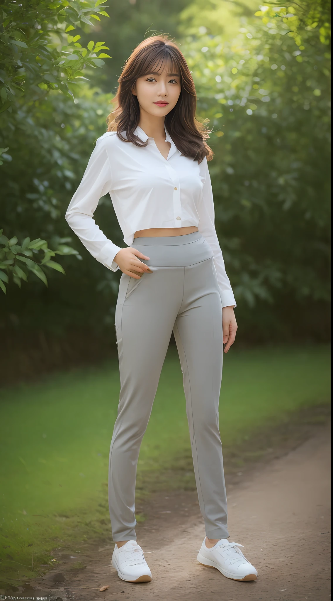 ((best qualtiy, 8K, tmasterpiece:1.3)),tmasterpiece,tightsuit,ssmile,stewardess,Full body photo,Brown hair long,Background attractions,beauty breast,Yoga pants for(An Asian girl),(fully body photo),(Normal shoes),High-definition facial features,8K,二重まぶた,Exquisite facial features,详细的脸