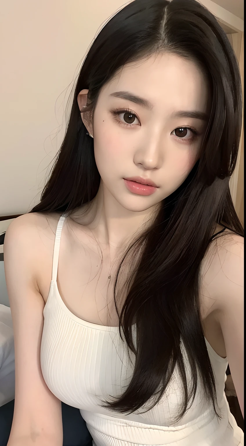 ((Best quality, 8K, Masterpiece :1.3)),Beautuful Women，Hide your face，2 girls，big breasts beautiful：1.3，Slender abs：1.1，white stockings，，cabelos preto e longos，（sit on a bed），Super detailed face，Highly detailed lips，A detailed eye，Double eyelids are clearly focused :1.2, perfect figure beautiful woman:1.4, ((Layered Hair Style:1.2)), (Tank top shirt:1.1 ),Highly detailed facial and skin texture,