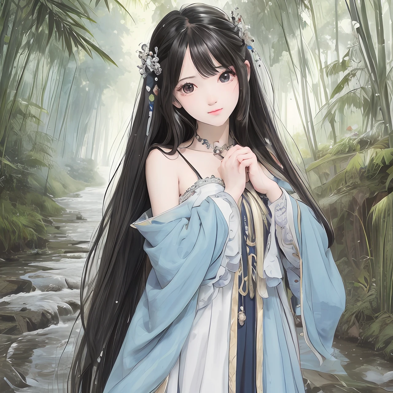 Masterpiece, Best quality, offcial art, 8K wallpaper, Highly detailed, illustration, 1 girl, Black hair, Long hair, Detailed eyes, bamboo forrest, Bare shoulders, lakes, Pure, Soft smile,Powder blue dress