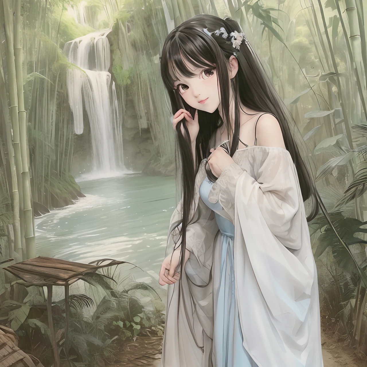 Masterpiece, Best quality, offcial art, 8K wallpaper, Highly detailed, illustration, 1 girl, Black hair, Long hair, Detailed eyes, bamboo forrest, Bare shoulders, lakes, Pure, Soft smile,Powder blue dress