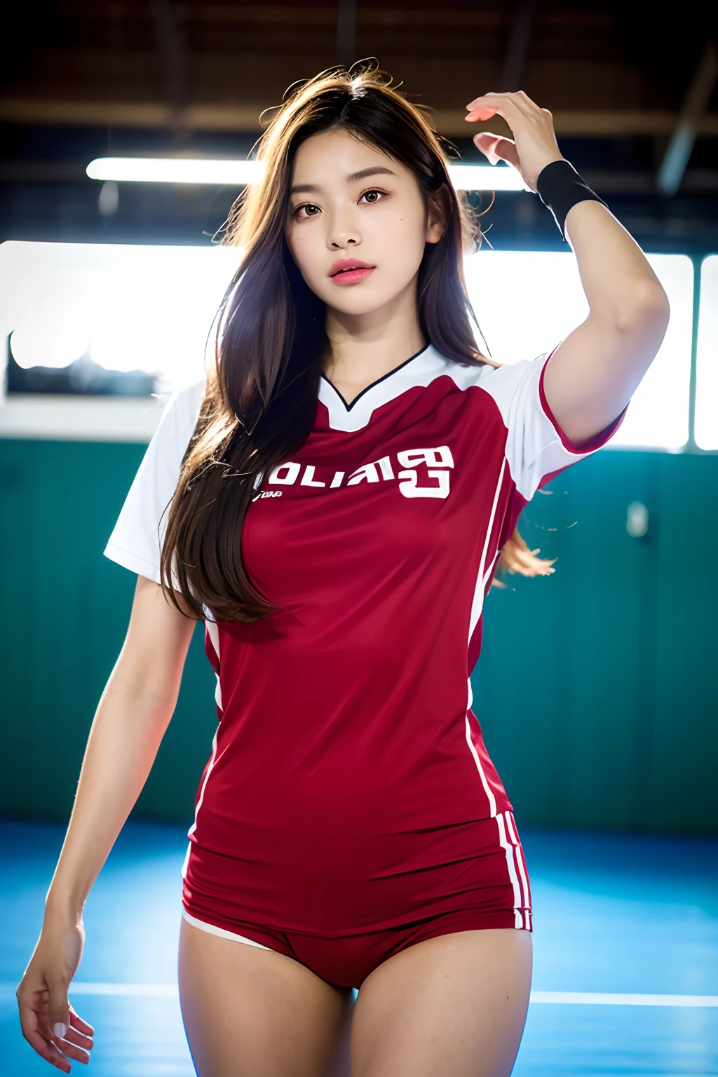 (Photoreal: 1.4), (Hyper-realistic: 1.4), (Realistic: 1.3), (Smooth lighting: 1.05), (Improved cinematic lighting: 0.9), 32K, 1 girl, 20 year old girl, Realistic lighting, Backlight, Face Light, raytrace, (Whitening light: 1.2), (Image enhancement: 1.4), ( Top quality real skins: 1.4), Narrow eyes, Fine face, Narrow eyes, (Body Line Mood Increase: 1.1), Oversized breasts, Big, (Skin Texture Enhancement Beauty: 1.1),Volleyball uniform:1.4, Indoor_Volleyball_court_Background:1.4, thighs thighs thighs thighs, Protruding , Crotch