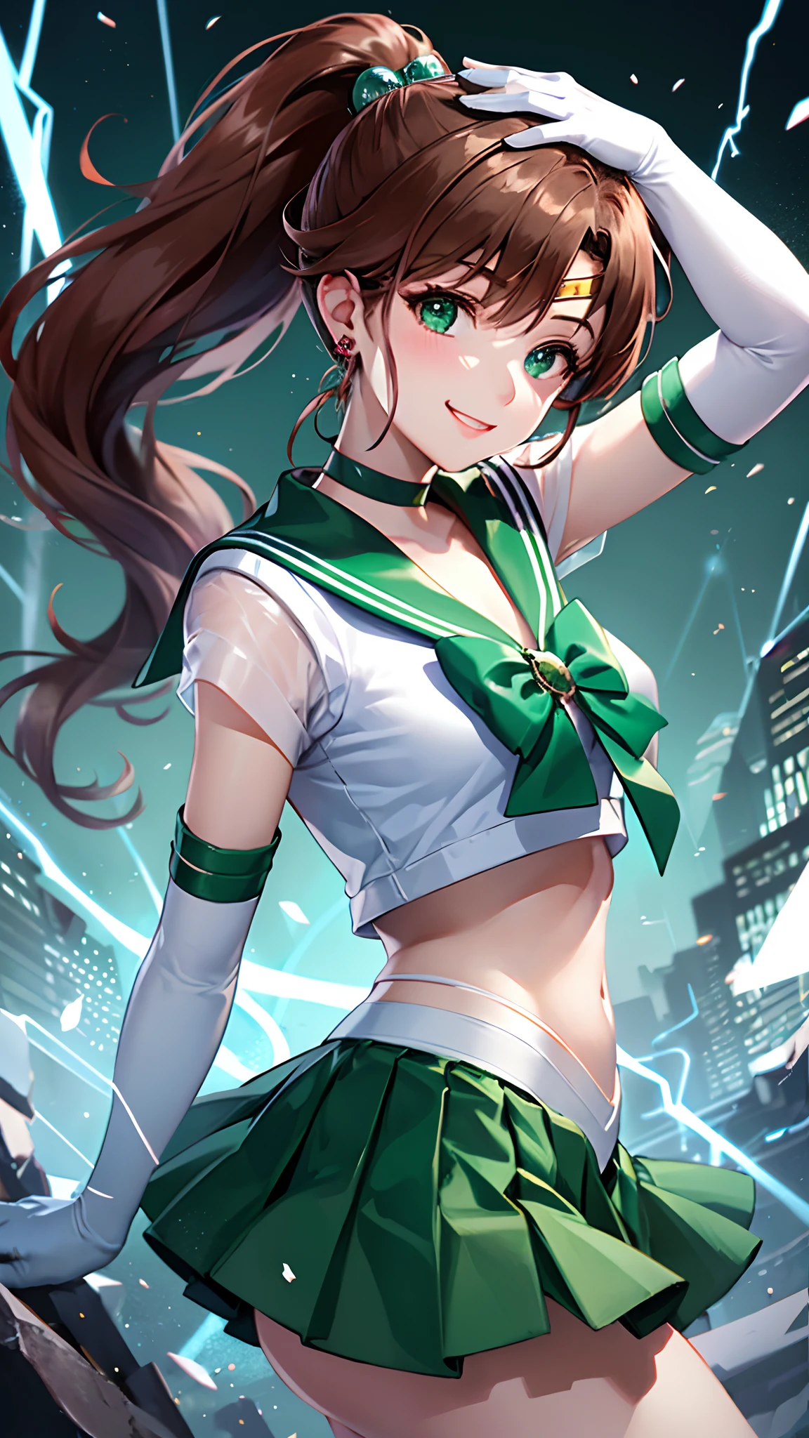 Masterpiece, Best Quality, Hi-Res, Jupiter 1, 1 Girl, Solo, Low Angle,Sailor Senshi Uniform, Sailor Jupiter, Makoto Kino, Reddish-brown hair, Magical Girl, Green Eyes, White Panties, Green Skirt,Elbow Gloves, Tiara, Pleated Skirt, Green Sailor Color, Mini Skirt, Choker, Lightning Background, Green Choker, White Gloves, Ponytail, jewelry, earrings, dynamic posture, dynamic background, smile, show panties:2.0,