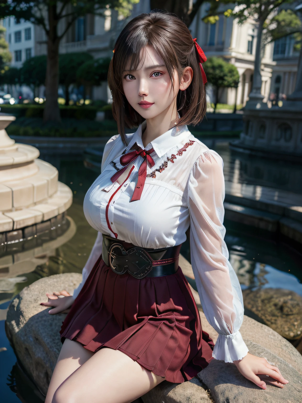 (Masterpiece, Best quality:1.4), (is sitting on a rock:1.3), (Erotic pose:1.4), Happy and bright smile, Thousands of miles of brocade, Chisato Nishiki, Short hair, bangs, Blonde hair, (Red eyes:1.5), Hair ribbon, one side up, Bob cut, BREAK shirt, Long sleeves, dress, ribbon, White shirt, Collared shirt, belt, Neck ribbon, Red dress, Blue ribbon, Pleated dress, grey dress, Two-tone dresses, Red belt, Lycoris Uniform, BREAK outdoors, Urban parks, view the viewer ,Look at the audience Look at the beautiful faces of the audience, Highly detailed face, highly details eye, Highly detailed skin, skin pore, Subsurface scattering, Realistic pupils, full face blush, full pouty lips, Detailed background, Depth of field, voluminetric lighting, Sharp focus, absurderes, Realistic proportions, Good anatomy, (Realistic, Hyperrealistic:1.4), 16K HD,