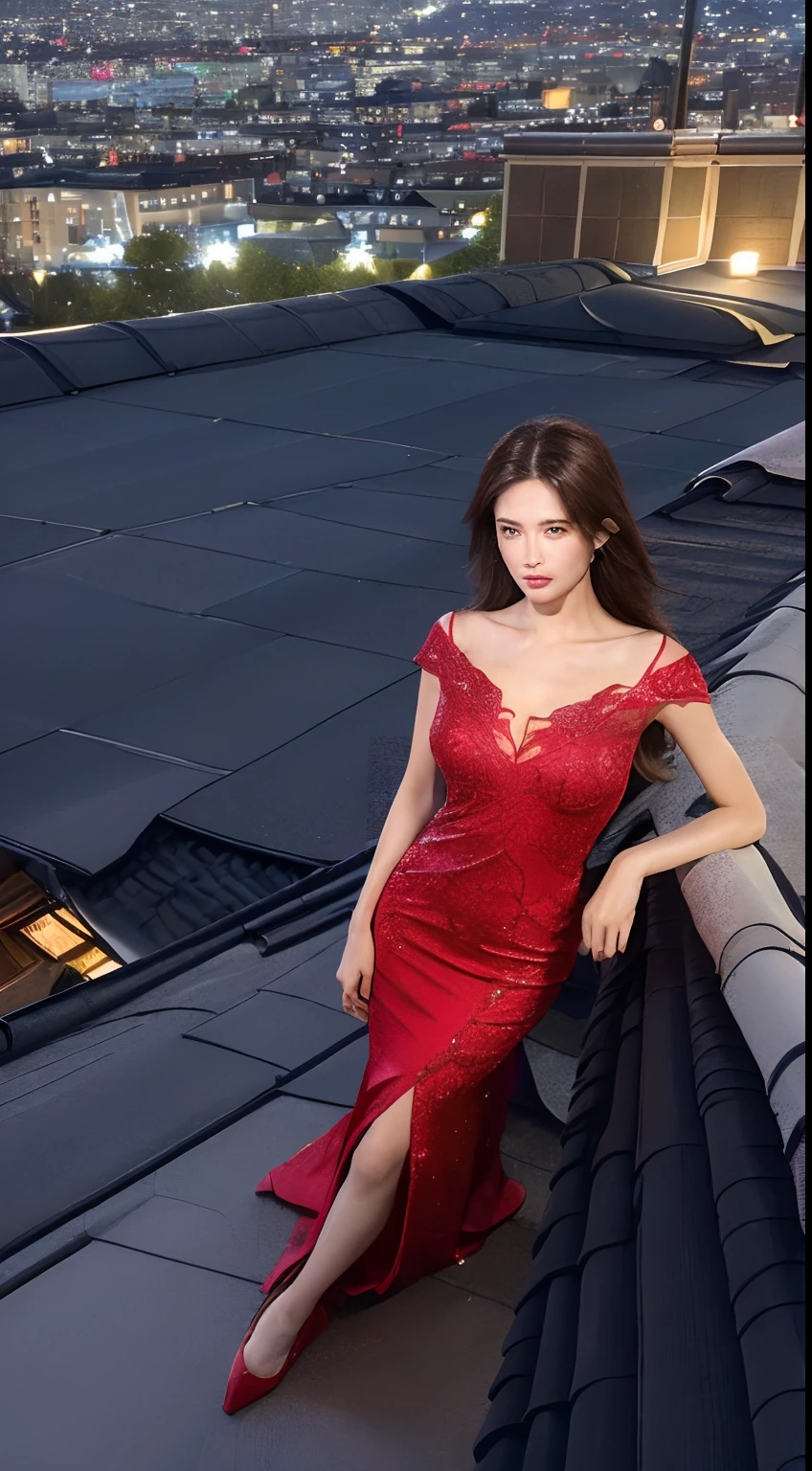 ((midynight, Need, 8k, tmasterpiece:1., full bodyesbian, Long legs, Focalors:1.2, perfect figure beautiful woman:1.4, Slim abs:1.1, ((Dark brown hair, huge tit:1.2 ), standing on your feet:1.2, ((city night scene, the roof:1.3)), Highly detailed facial and skin texture, A detailed eye, 二重まぶた,Royal sister,Red dress