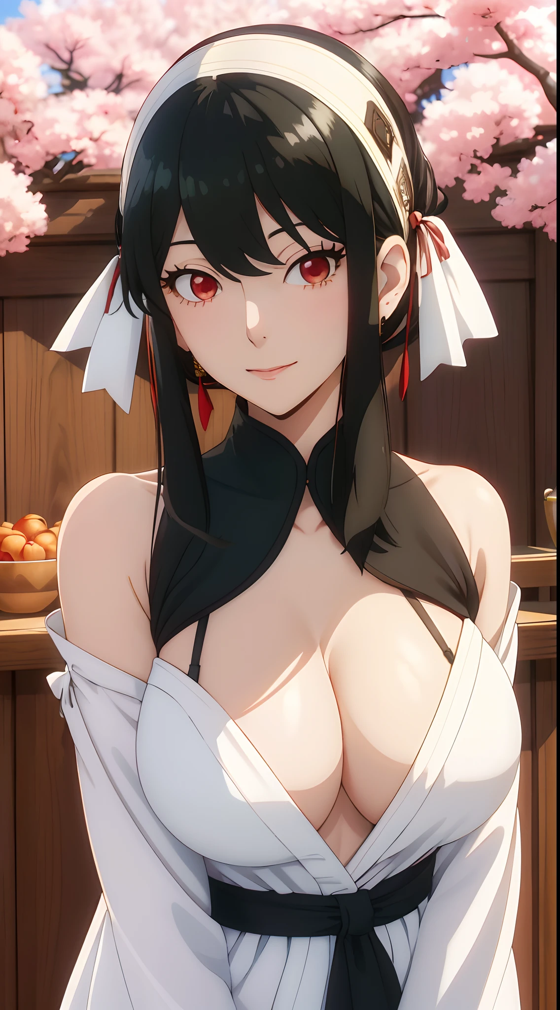 yor, (Mature female, white hair ribbon, bangs, side locks, Red eyes, Black hair, hair adornments, Huge breasts:1.3),Portrait of a girl, (face:1.2), schoolgirls, ssmile,bare shoulders​, Black hair, cherry blossom, cleavage, (Robe:1.21), 鎖骨, Willow Branch, (masterpiece best quality :1.2),  nsfw