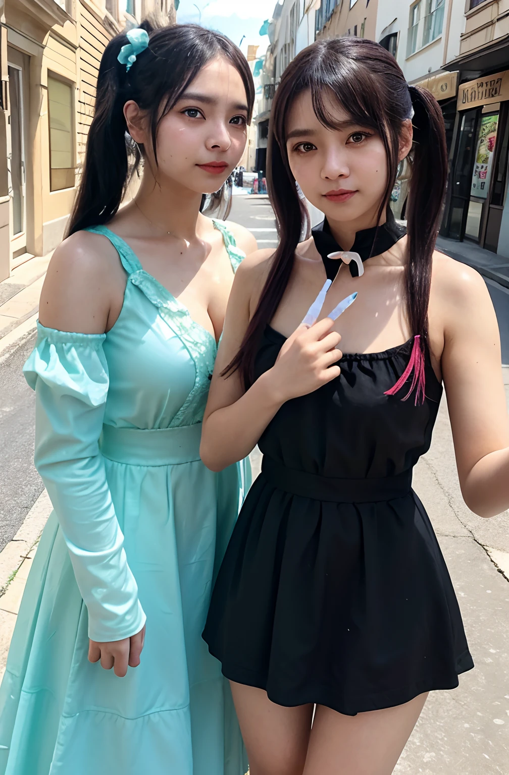 shukezouma, rendering by octane, hdr, (ultra - detailed:1.15), (Soft light, Sharp:1.2), (((duo,Two women in costume take selfies on the street,colorful pigtail, anime cosplaying,))),Beautiful girl, hyper detail eyes, mature, Painting drops, paint teardrops, woman made up from paint, entirely paint, splat, Splash, Long colored hair,paint bulb,paint drops, Exposed shoulders, Tears,shoulders are visible, Thighs exposed, seminude, focus onface, Beautiful face, eye shadows, Dark circle contour,mascara, Beautiful, 18yr old