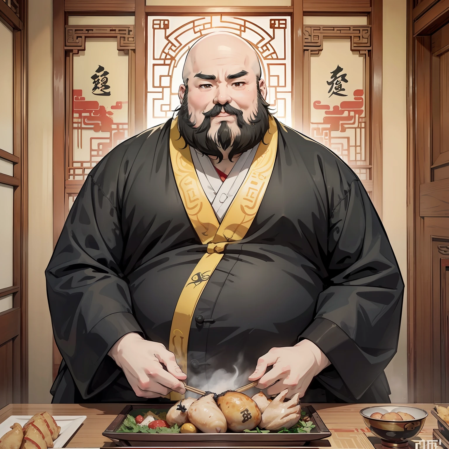 Ancient Chinese bald man with fat black beard wearing yellow Hanfu eating chicken legs in room, (background is ancient Chinese room 1.5) anime style 4 K, anime rendering, anime style. 8k, obesity, ancient Chinese man (upper body display 1.5) (cinematic light 1.5) vicissitudes 1.5