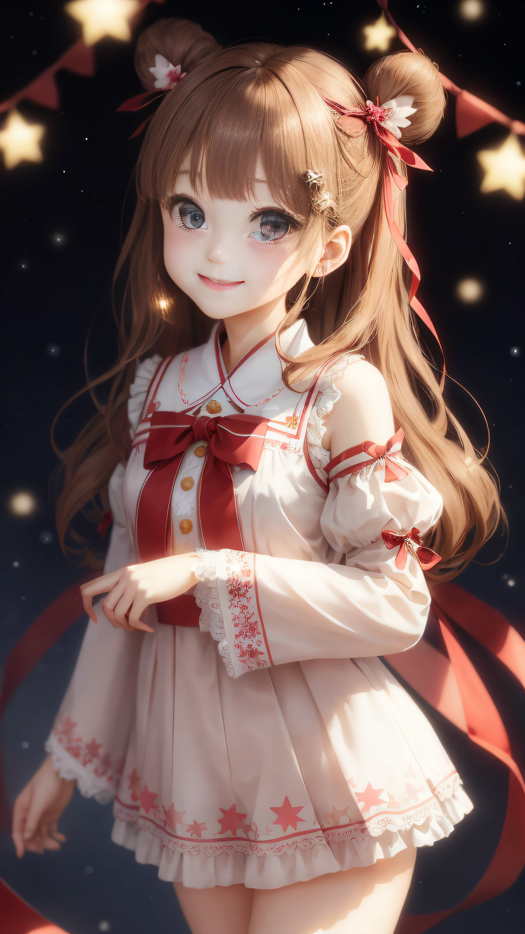 Super beautiful shining big eyes、(extremely delicate and beautiful:1.2) 1 girl、bangss、blue eyess、Blurry、Blurry、the background is blurred、bow ribbon、Brown hair、With mouth closed、from side、Hair between both eyes、Hair Ribbon、lanthanum、Particles of light、long-sleeve、watching at viewers、Medium hair、natta、Red ribbons、独奏、star\ (Symbols\)、The upper part of the body、a smile、red-lips