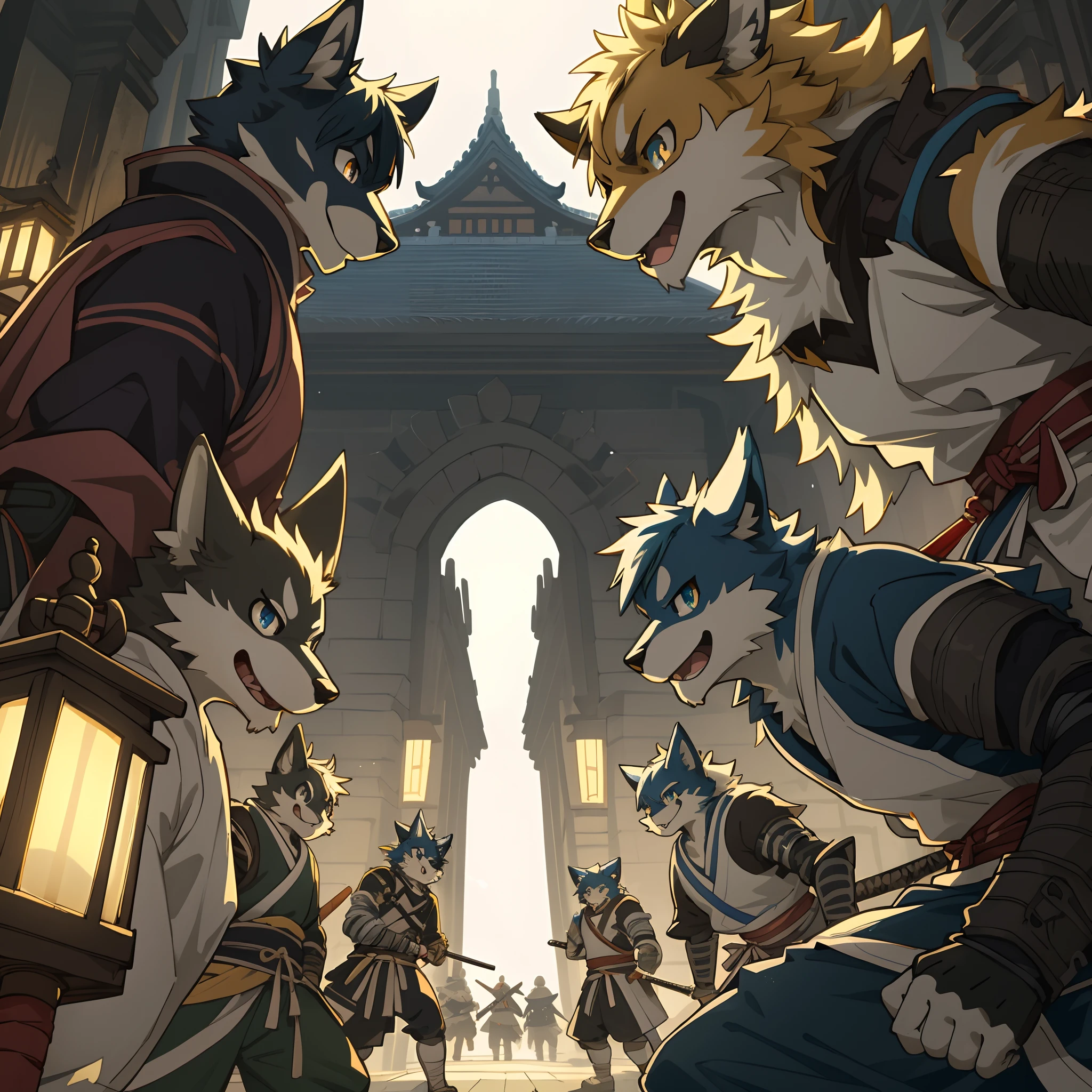 diagonal composition, top quality, best quality, High-quality illustrations, masterpiece, super high resolution, detailed background, japanese castle, samurais, 6+boys, 6+girls, absurdres(highly detailed beautiful face and eyes)perfect anatomy, expression, good lighting, cinematic shadow(kemono, furry anthro)assorted poses, dynamic angle,