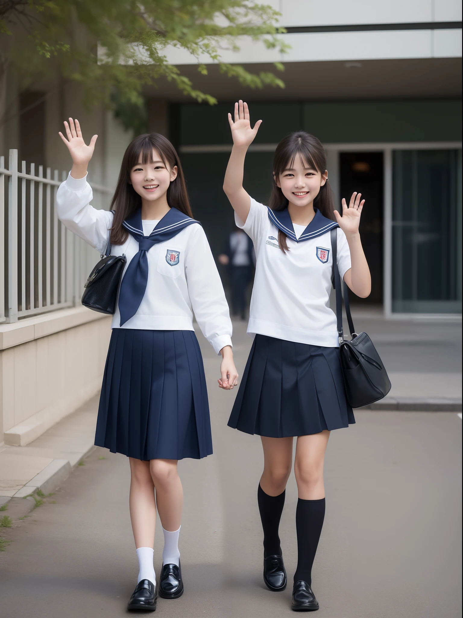 (masterpiece, top-quality:2.0), (超A high resolution), (Photorealsitic:1.4), foco nítido, (1 girl in), (smil:1.5), finely eye, face perfect, Has bangs, hi-school girl (((a sailor suit、Dark blue pleated skirt、Dark blue high socks、Loafer shoes)))、cute little、17 age、extra detailed face、Perfect face,Walking on the way to school、Waving hands、