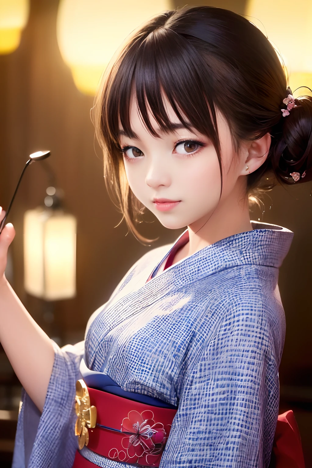 Upper body from the waist up、Are sleeping、nap、（Sleeping with your eyes closed）、(４In K、​masterpiece、hight resolution、Realistic and beautiful light and shadow、One girl、Solo Focus、(top-quality)、(Hi-Res)、(extremely delicate and beautiful)、(Beautiful 8k face)、(Brown-eyed)、(I close my eyes while smiling.)、(独奏)、(Clear skin)、(Soft hair)、(hugetits)、(Plaid kimono, Red and blue floral yukata)、((Awa Odori Pose))、((Bokeh lantern light night background))、((speedo))、(reality)、thin and small nose、（red lipsticks）、（Reddening cheeks）、poneyTail、（Lustrous skin）、((Ukiyo-e style))、Ultra-thin eyebrows、Ultra high image quality、（Wearing maiko-style makeup）、skin whitening、long and beautiful lashes、Turning around in the style of a Kyoto magazine model、((s asleep))、Lustrous skin、（Red-dyed cheeks）