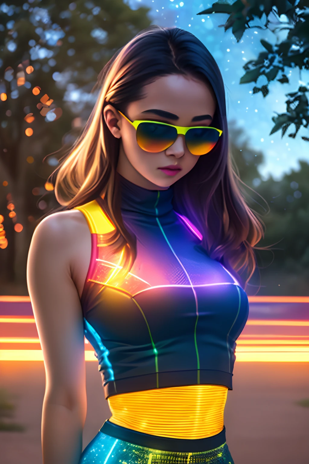 rgb, from_above, crop top, detailed face, yellow bodycon tank top, hair, park, sky, trees, pale skin, moonlight, stars, 1girl, statement sunglasses, woman,petite, vivid colors, bokeh background, subject for emphasis,dramatic colors,