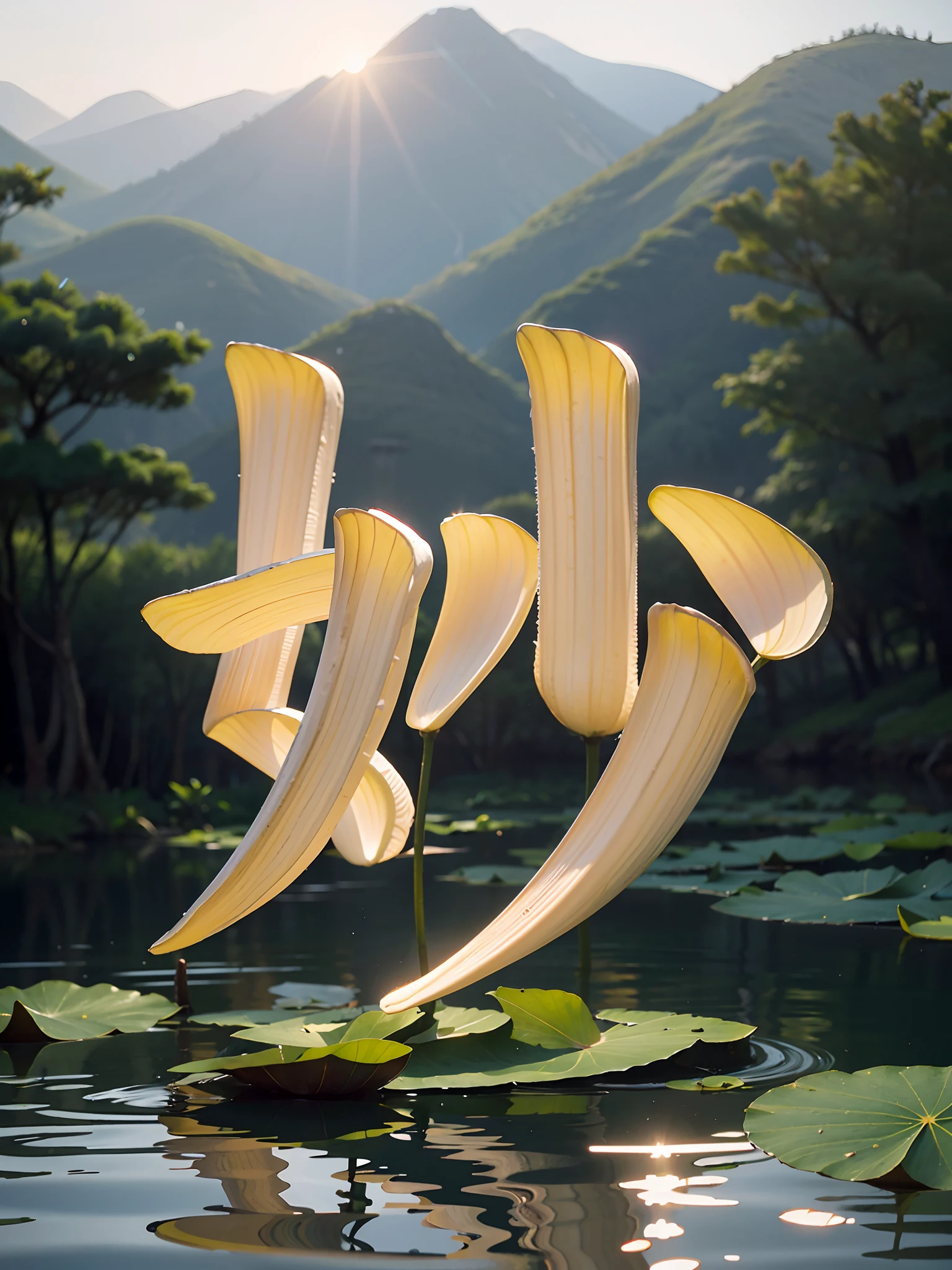 best qualtiy，tmasterpiece，超高分辨率，（Realism：1.4），RAW photogr，blooming flower field，pools of water，mountain water，nature，lotuses，Pavilion，Lotus leaf，Beautiful，Riverside，Small bridge，Highest image quality