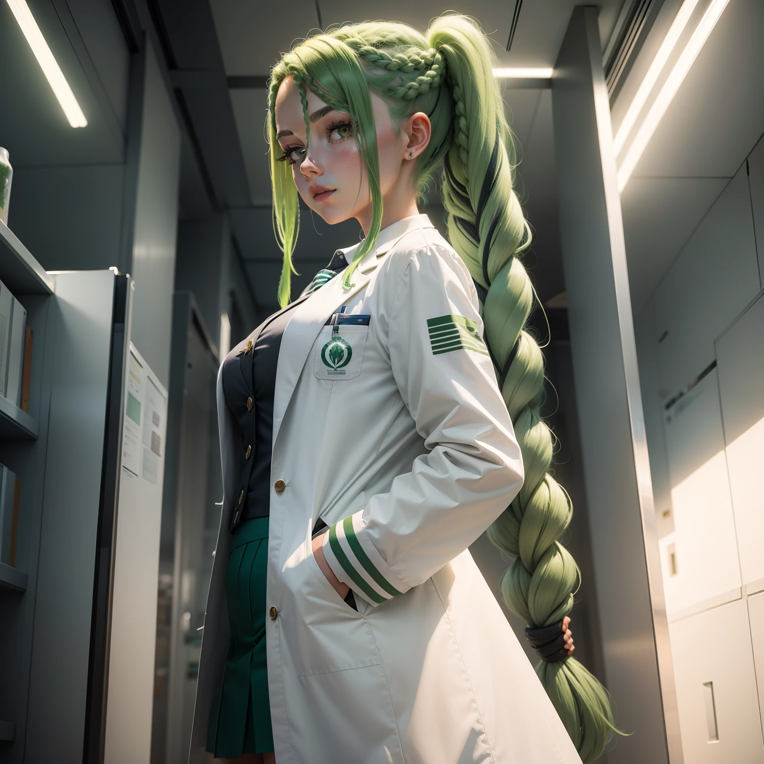 Green-haired girl,The hair is braided with a cannabis braid,Wearing a white coat,Inside is a professional skirt suit,is a science and technology researcher,Outside the lab,Stand with your back to your hands