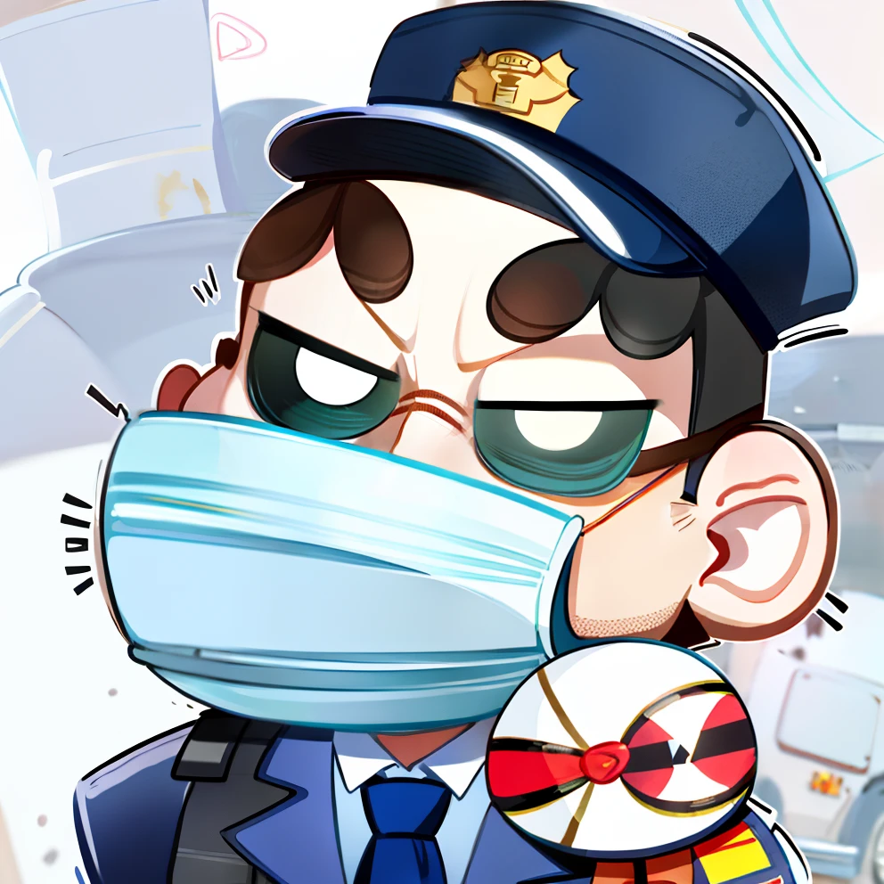 A caricature of a policeman with a gun and a mask, police officers!!, Character Design Police Man!!, High-quality fanart, surgical mask covering mouth, official fanart, security agent, Safebooru anime image, (sfv) safe to work, Character Design Police Man, 🚿🗝📝, Fanart, the doctor, telegraph stickers, Marin Kitagawa fanart