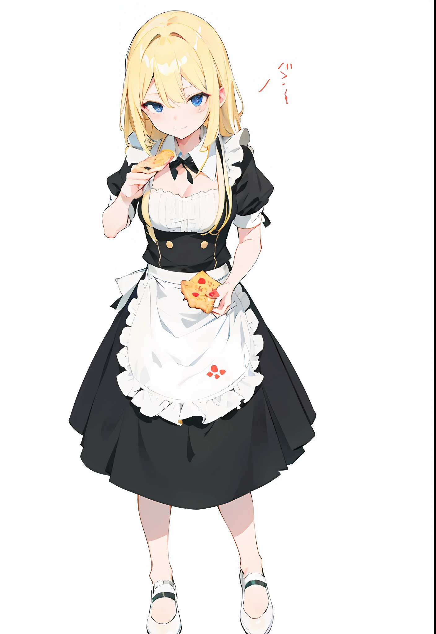 Beautiful blonde maid holding a tempting piece of pizza。