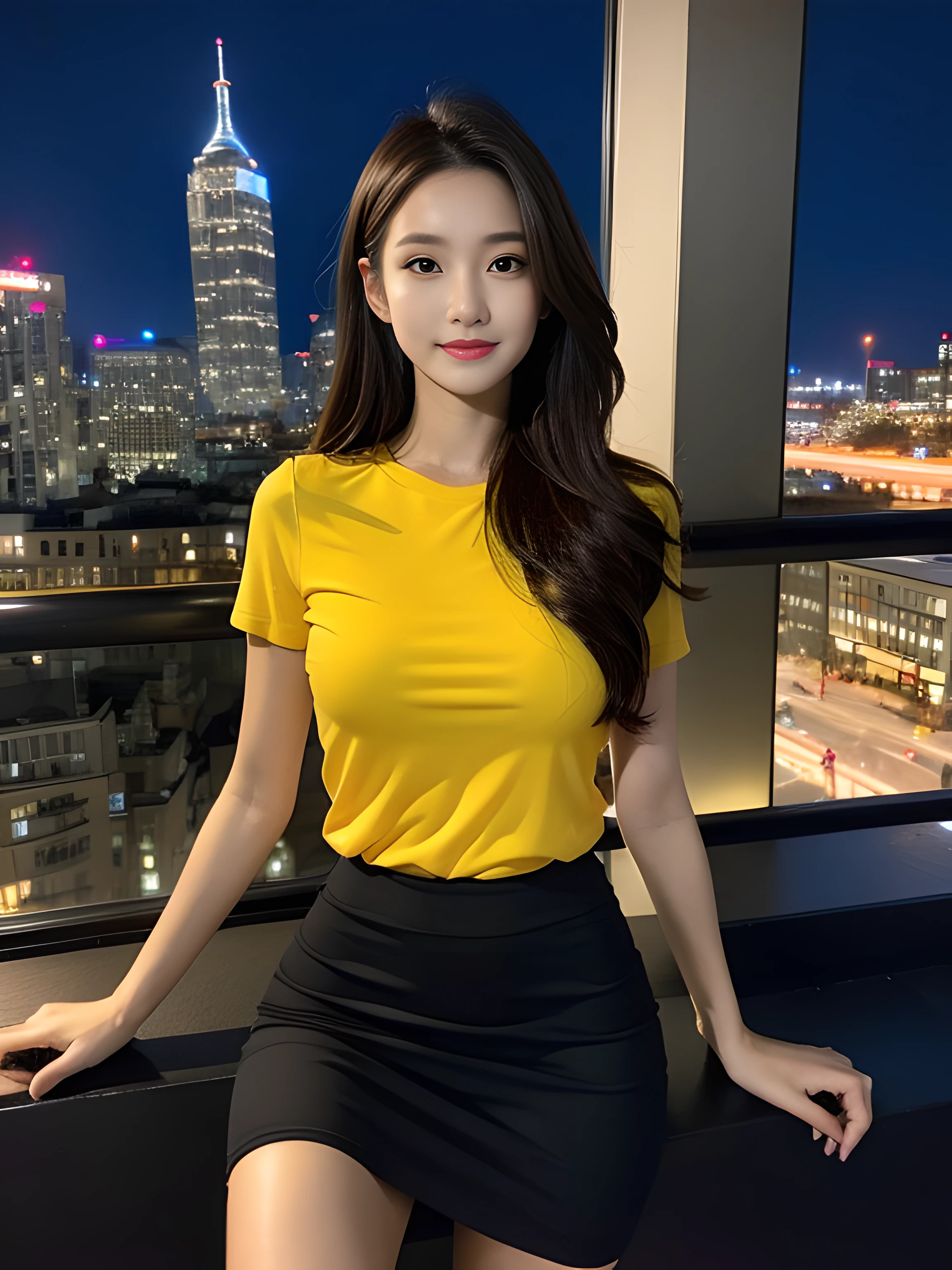 ((midynight, Acura, 8K, tmasterpiece: 1.3)), full bodyesbian, long leges, Focalors: 1.2, perfect figure beautiful woman: 1.4, Slim abs: 1.1, (dark brown hair,: 1.2 )), (Yellow skinny T-shirt, short skirt,sitting on a stool: 1.2), (city night scene, the roof: 1.3)), Highly Detailed Face and Skin Textur, detailedeyes, 二重まぶた,